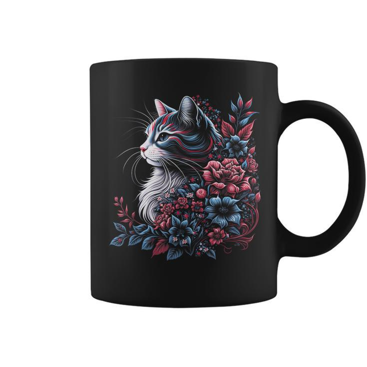 Floral Cat Red White And Blue 4Th Of July Patriotic Coffee Mug