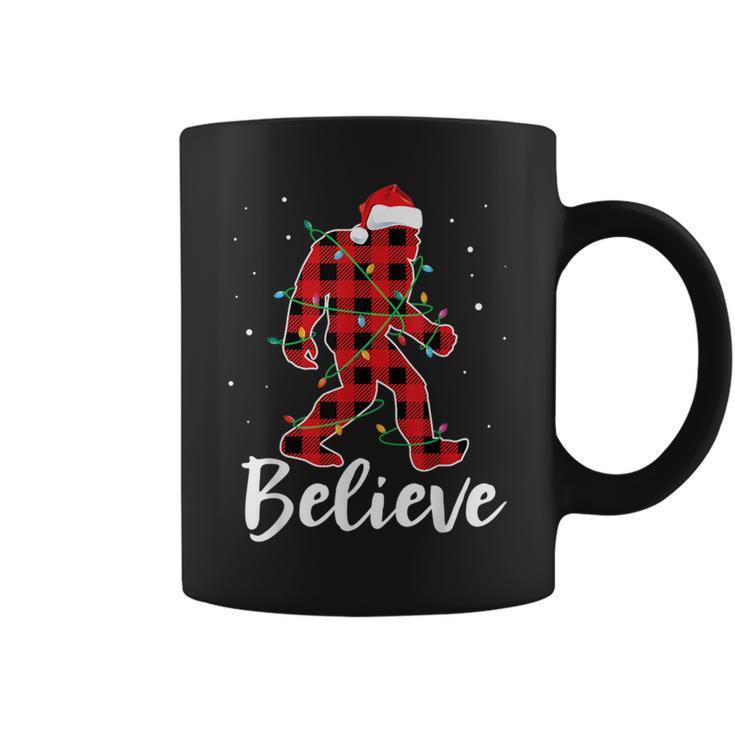 Believe Plaid Bigfoot Christmas Light Sasquatch Santa Coffee Mug