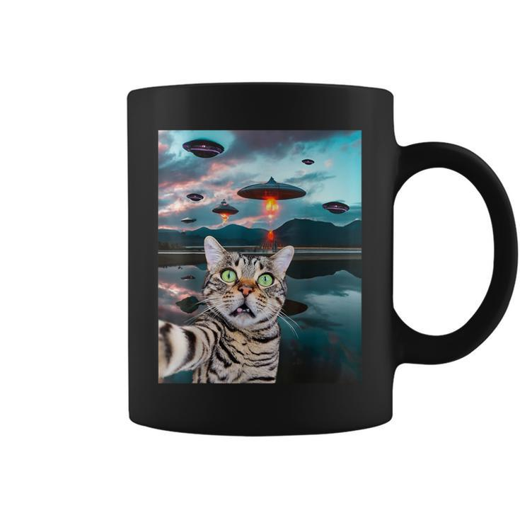 Cat Selfie With Ufos Cute Alien Cat In The Cap Coffee Mug
