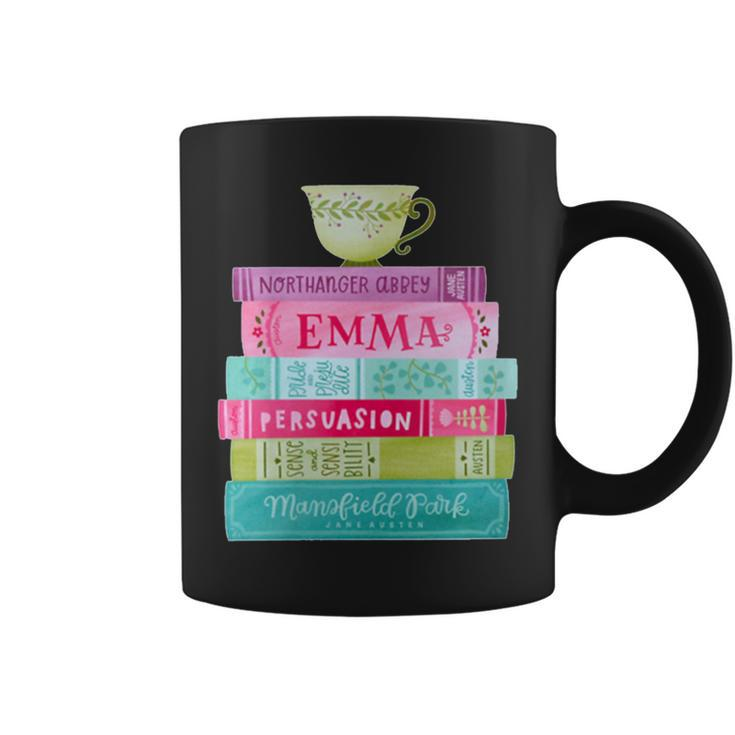 Jane Austen Book Stack Tea Fans Vintage Literary Coffee Mug