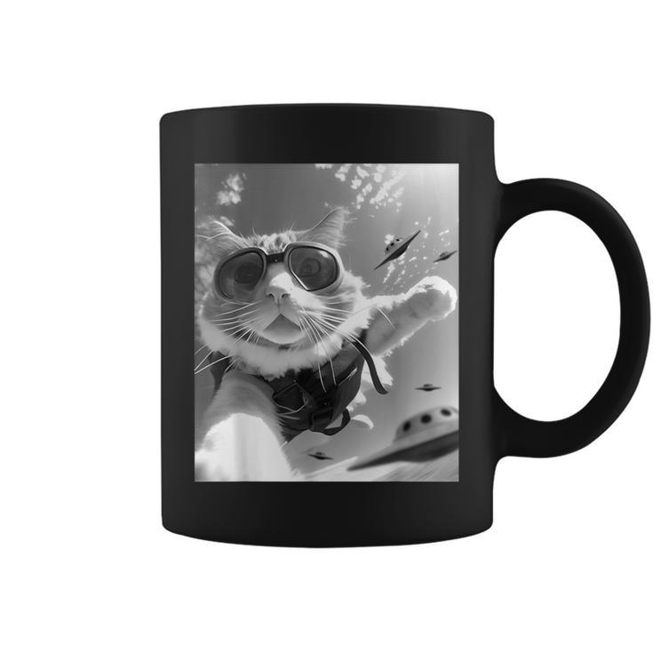 Skydiving Cat Selfie With Alien Ufos Coffee Mug