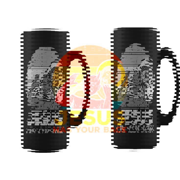 Jesús Tiene Su Espalda Jiu Jitsu Retro Christian Hombres Es Niños Taza de café