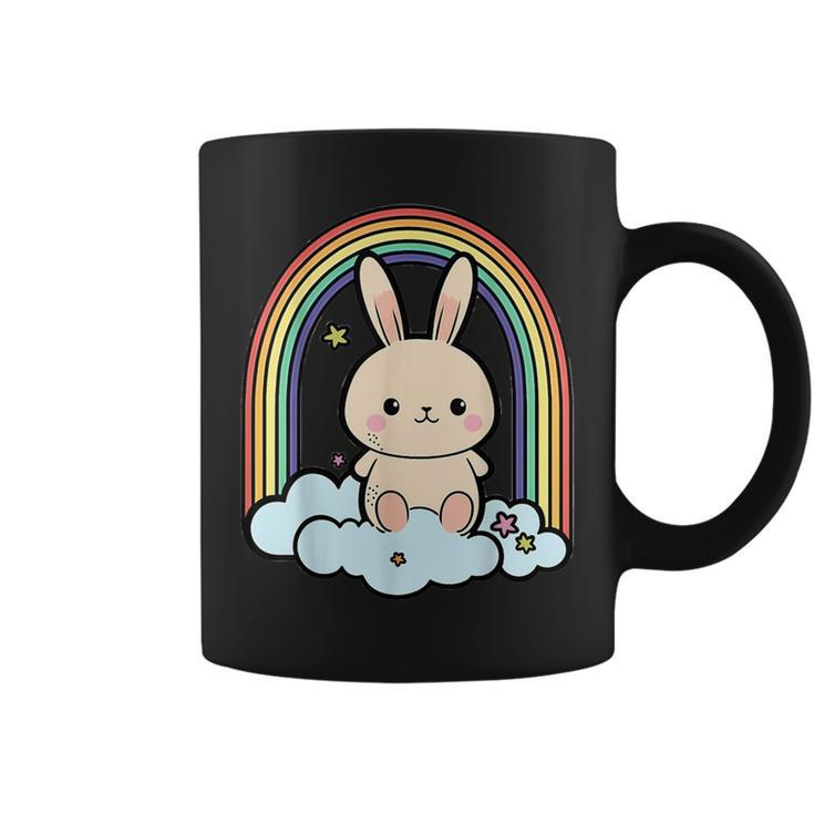 Kawaii Bunny Rabbit On A Rainbow Cloud Cute Animal Lover Coffee Mug