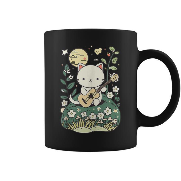 Kawaii Cat Playing Guitar Cute Flowers And Moon Cat Lover Coffee Mug