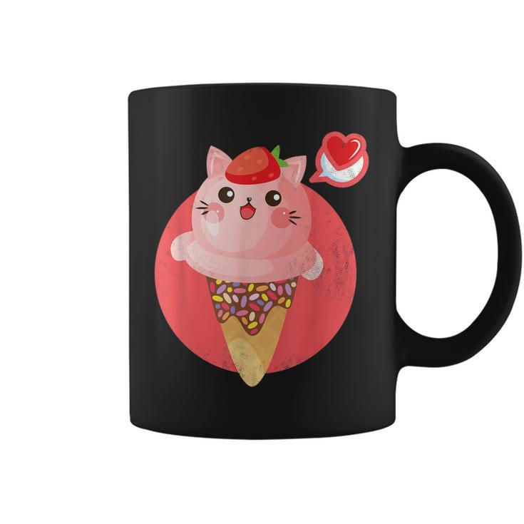 Kawaii Cute Cat Ice Cream Sprinkle Cone Strawberry Top Heart Coffee Mug
