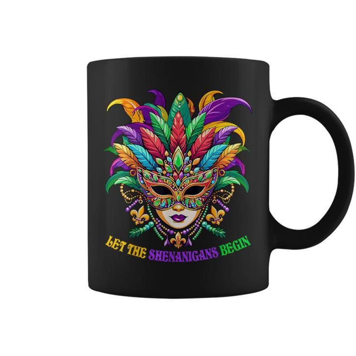 Let The Shenanigans Begin Mardi Gras Jester Mask Beads Women Coffee Mug