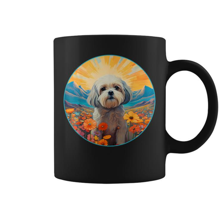 Lhasa Apso Puppy Dog Cute Flower Mountain Sunset Colorful Coffee Mug