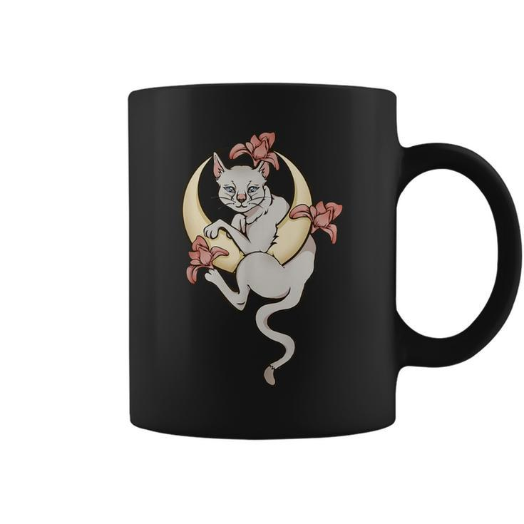 Lilie Flowers Celestial Cat In A Crescent Moon Coffee Mug