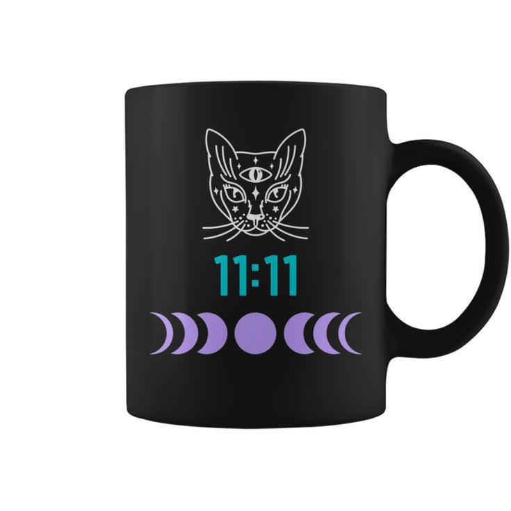 Manifestation Cat And Moon Phase 11 11 Eleven Eleven Purple Coffee Mug