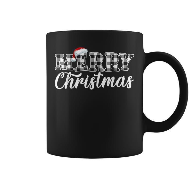 Merry Christmas Buffalo Plaid Black And White Santa Hat Xmas Coffee Mug