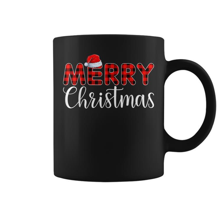 Merry Christmas Buffalo Plaid Red Santa Hat Pajama Women Coffee Mug