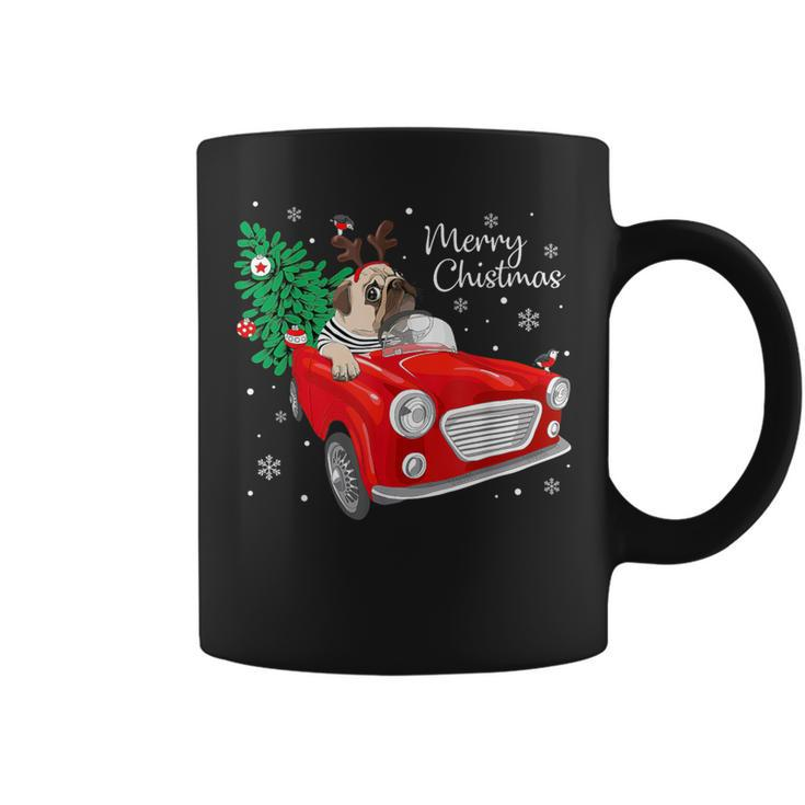 Merry Christmas Vintage Pug Dog Reindeer Red Truck Xmas Tree Coffee Mug