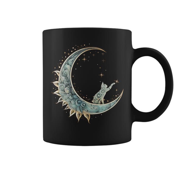 Mystical Aesthetic Cat Sitting On Crescent Moon Lunar Cat Coffee Mug