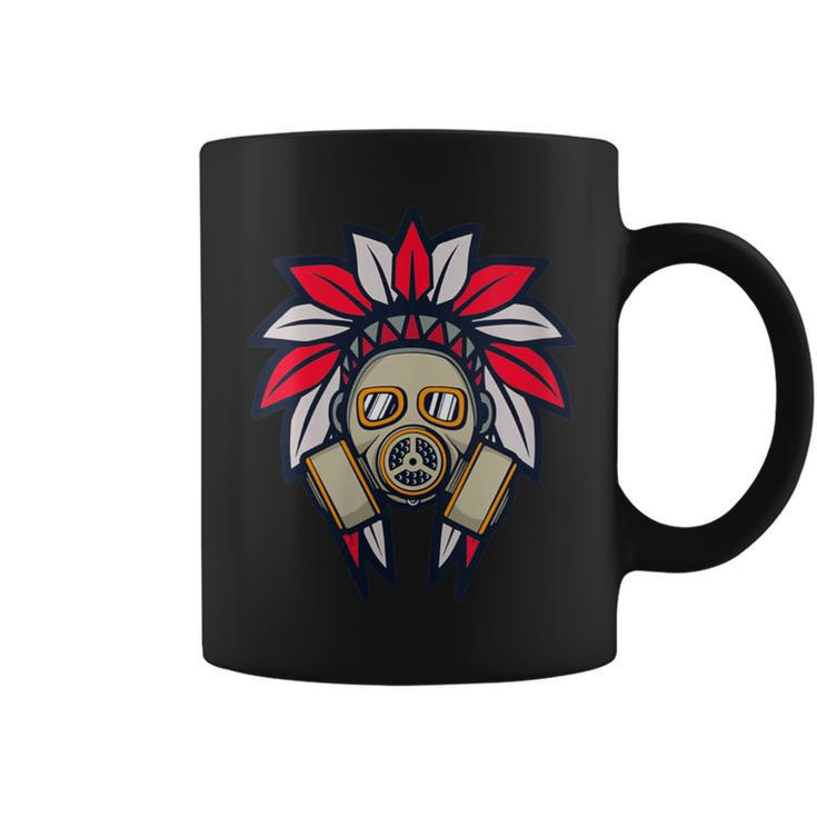 Native American Headdress Gas Mask Protest Camp Coffee Mug