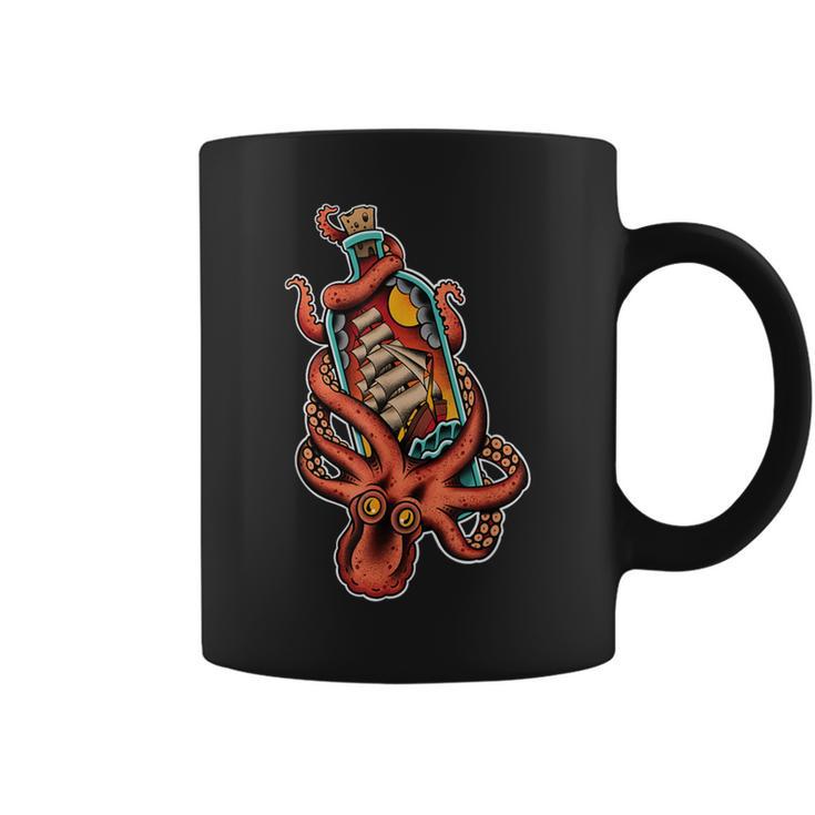 Octopus And Clipper Ship In Bottle Old School Sailor Tattoo Coffee Mug