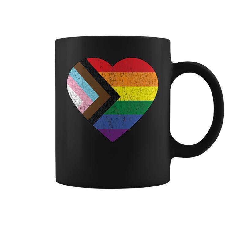 Progress Pride Flag Vintage Rainbow Heart Love Lgbt Pocket Coffee Mug