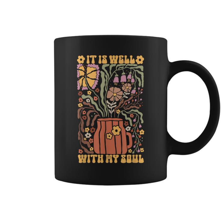 Retro Groovy It Is Well With My Soul Boho Flowers Floral Coffee Mug