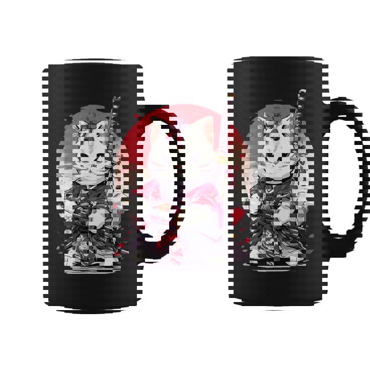 Retro Japonés Gato Samurai Tatuaje Gráfico Ninja Kawaii Taza de café
