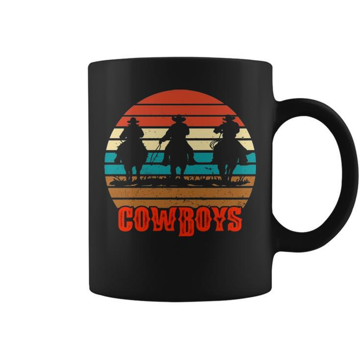Rodeo Cowboy And Wranglers Bronco Horse Retro Style Sunset Coffee Mug