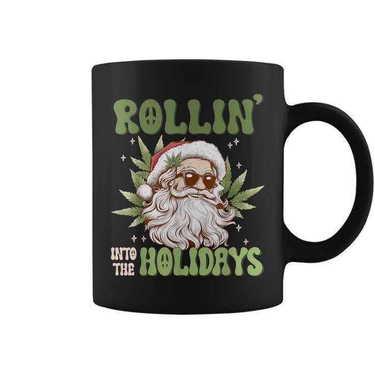 Rollin Into The Holidays Santa Black Marijuana Christmas Coffee Mug