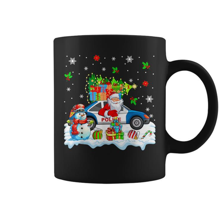 Santa Carrying Christmas Tree On Police Car Snowman Driver Coffee Mug
