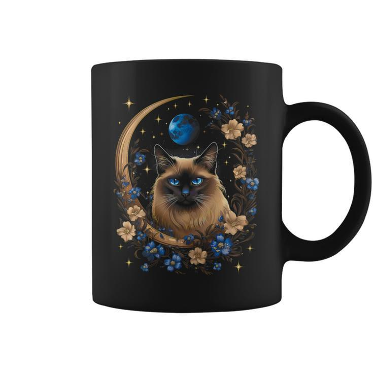 Siamese Cat Moon Surrounded By Flowers Coffee Mug