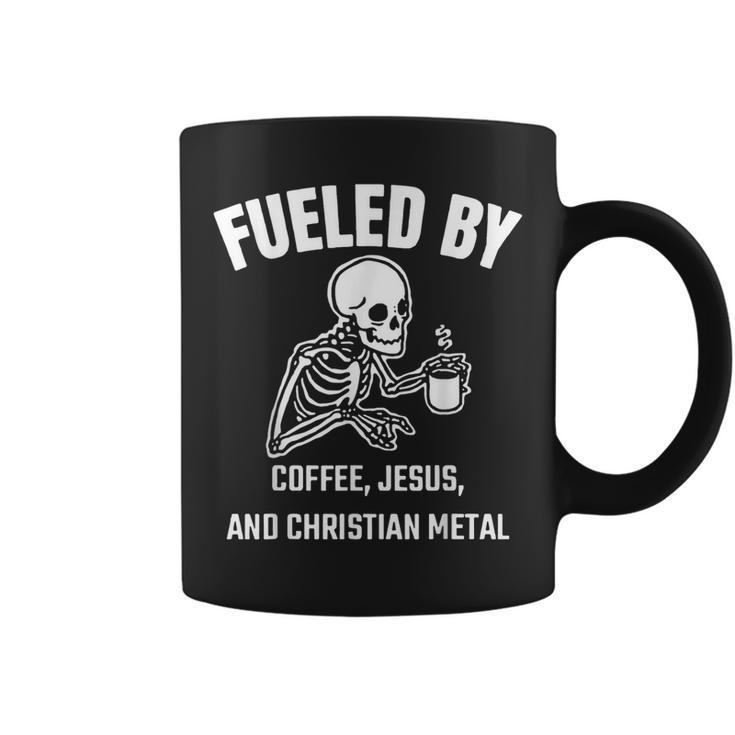 Skeleton Fueled By Coffee Jesus And Christian Metal Coffee Mug