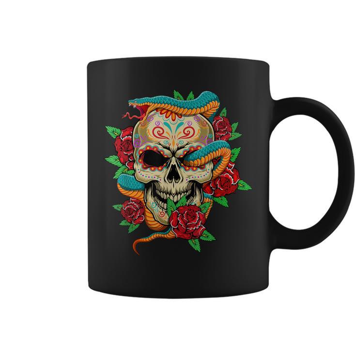 Sugar Skull Day Of Dead Cool Bone Head Skulls Snake Rose Coffee Mug