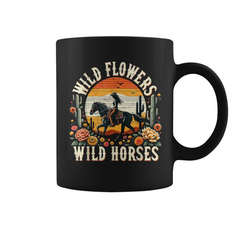 Sunset Cowgirl Riding Horse Wild Flowers Wild Horses Coffee Mug