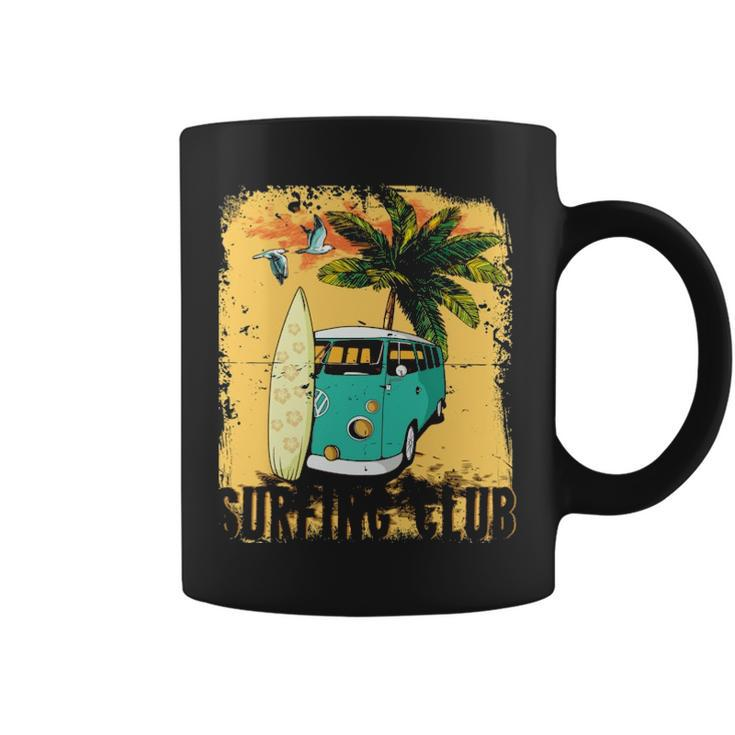 Surfing Summer Beach Hippie Van Bus Surfboard Palm Tree Coffee Mug