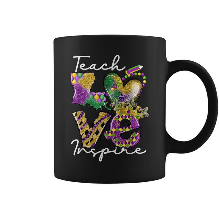 Teacher Mardi Gras Teach Love Inspire Carnival Beads Leopard Coffee Mug