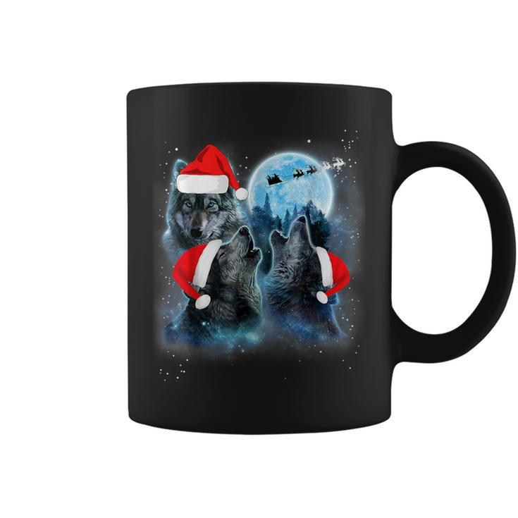 Three Wolves Howling Under Moon Christmas Santa Wolf Lover Coffee Mug