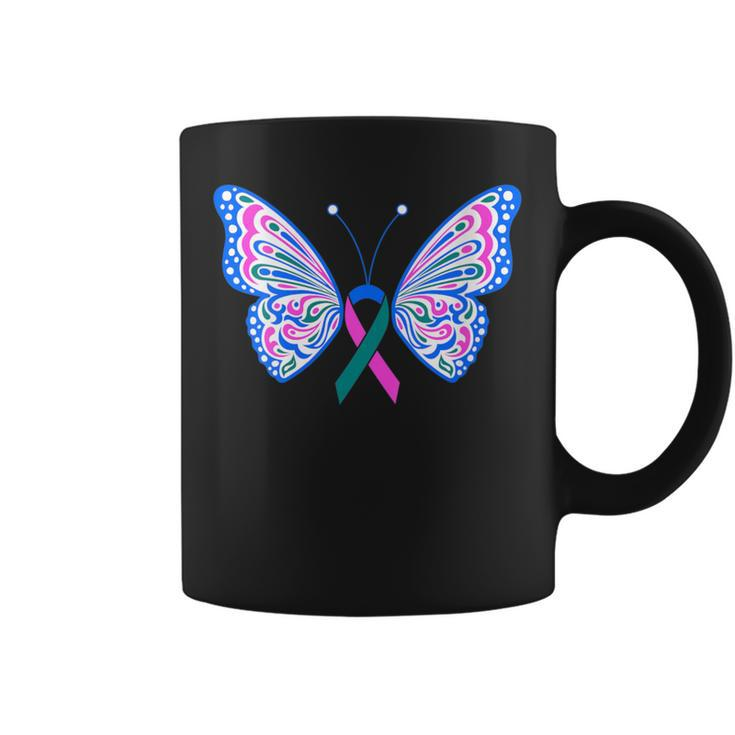 Thyroid Cancer Blue Pink Teal Ribbon Butterfly Wings Tattoo Coffee Mug