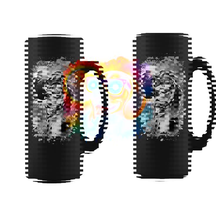 Total Solar Eclipse 2024 Colorful Beagle Dog Wearing Glasses Coffee Mug