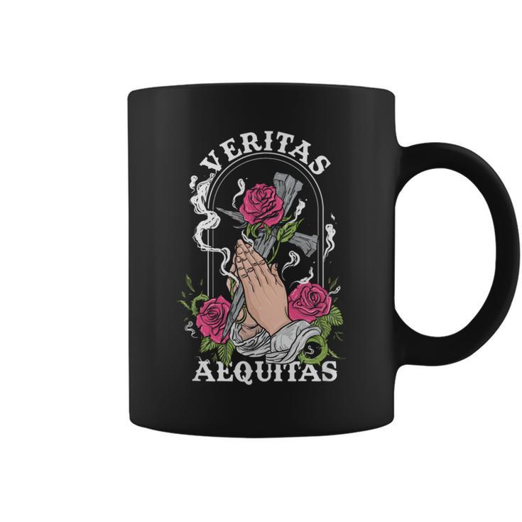 Veritas Aequitas Cross Roses Praying Hands Pray God Coffee Mug