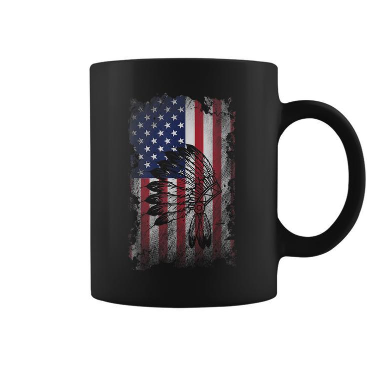 Vintage Distressed Skull Native Indian Feather American Flag Coffee Mug