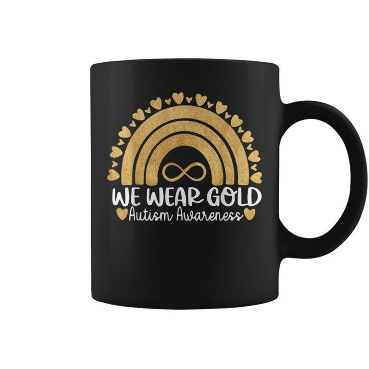 We Wear Gold For Autism Awareness Month Autistic Rainbow Coffee Mug