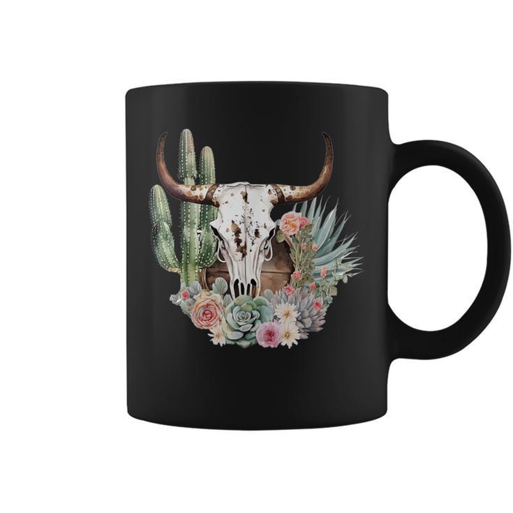 Western Boho Chic Longhorn Bull Skull Cactus Beige Pattern Coffee Mug