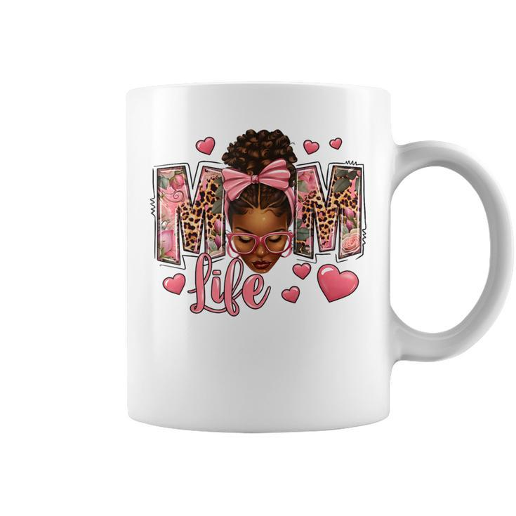 Afro Messy Bun Mom Life Pink Roses Black Mom Mother's Day Coffee Mug