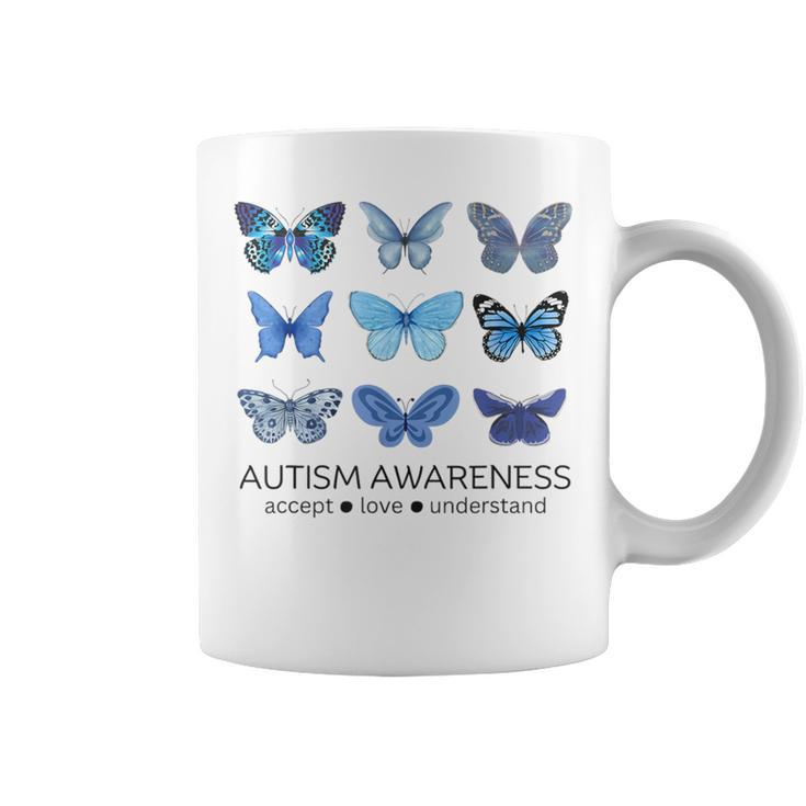 In April We Wear Blue Butterfly Autism Mental Health Coffee Mug