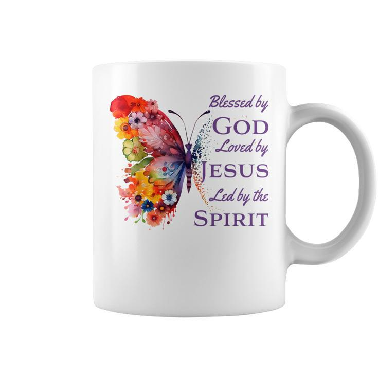 Blessed By God Loved By Jesus Butterfly And Flowers Coffee Mug