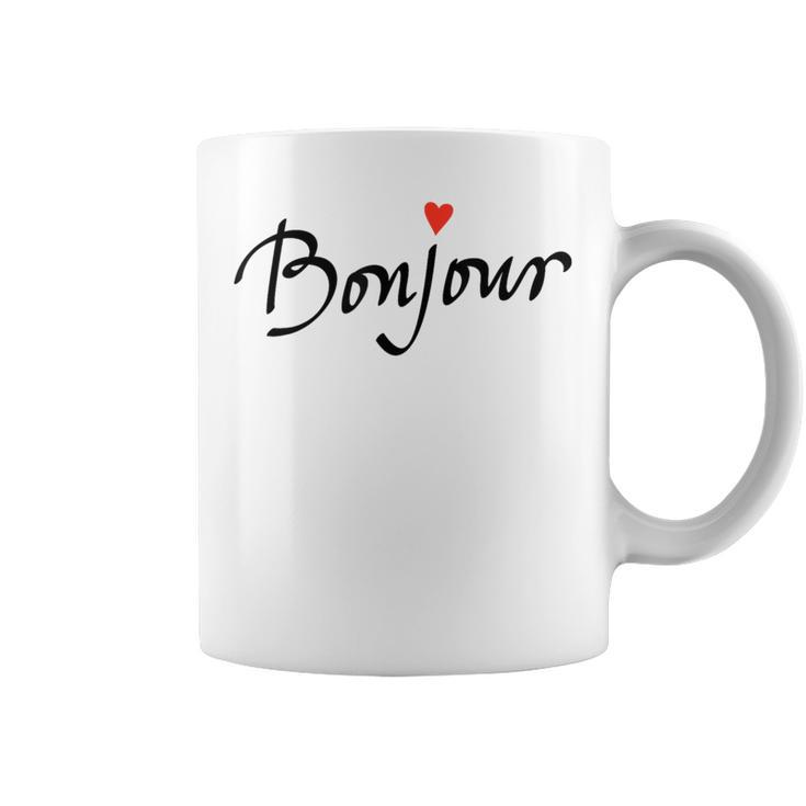 Bonjour With Heart And Cool Font Coffee Mug