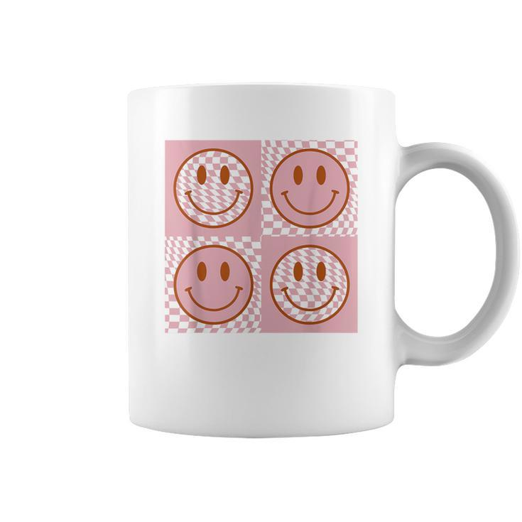 Checkered Pattern Happy Face Retro Pink Smile Face Coffee Mug