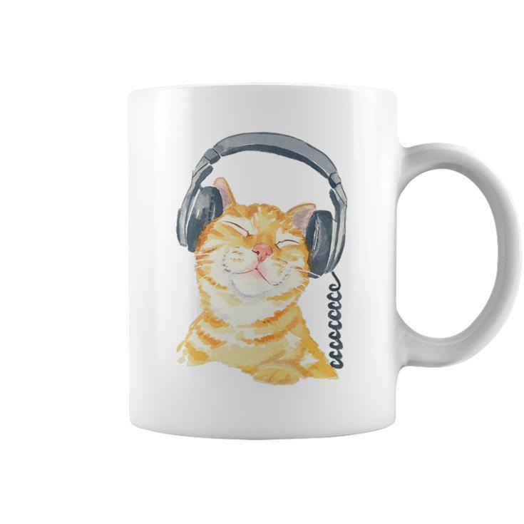 Cute Ginger Cat Grooving To Music Headphones Coffee Mug