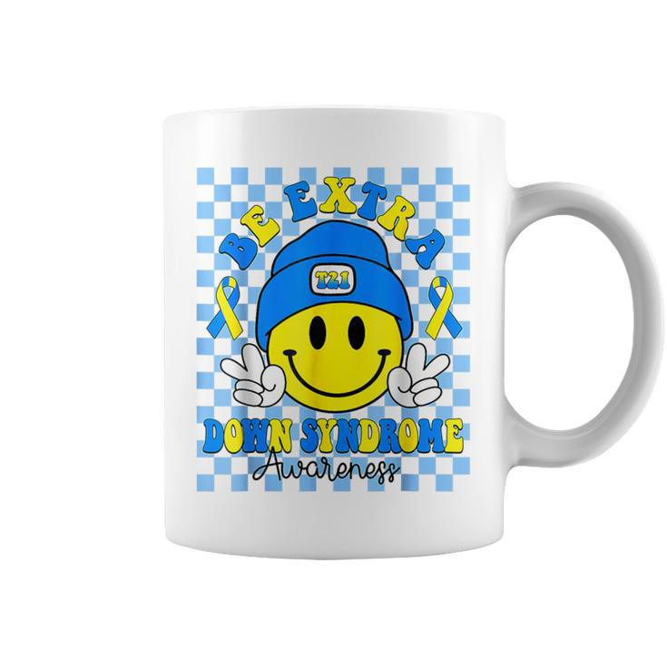 Be Extra Yellow And Blue Smile Face Down Syndrome Awareness Coffee Mug