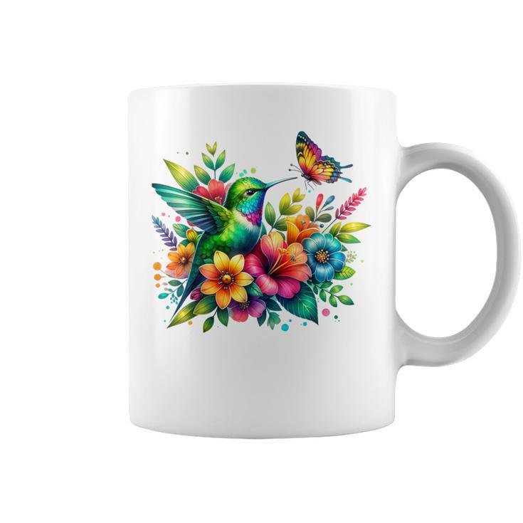 Floral Watercolor Hummingbird & Butterfly Coffee Mug