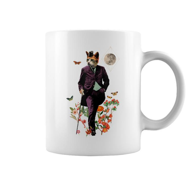 Cat With Flowers And Walking Stick And Moon Coffee Mug