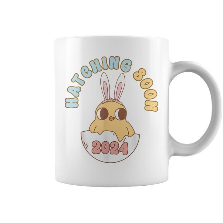 Groovy Hatching Soon Pregnancy Easter Pregnancy Announcement Coffee Mug