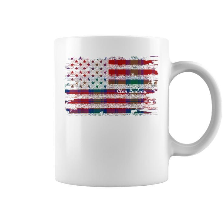 Lindsay Surname American Flag Scottish Clan Tartan Coffee Mug