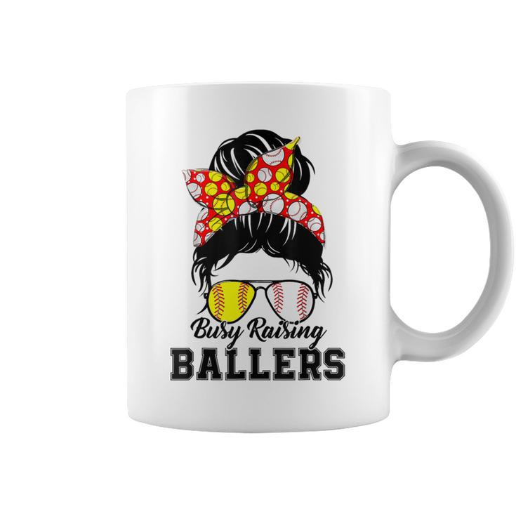 Messy Bun Mom Of Both Baseball Softball Busy Raising Ballers Coffee Mug